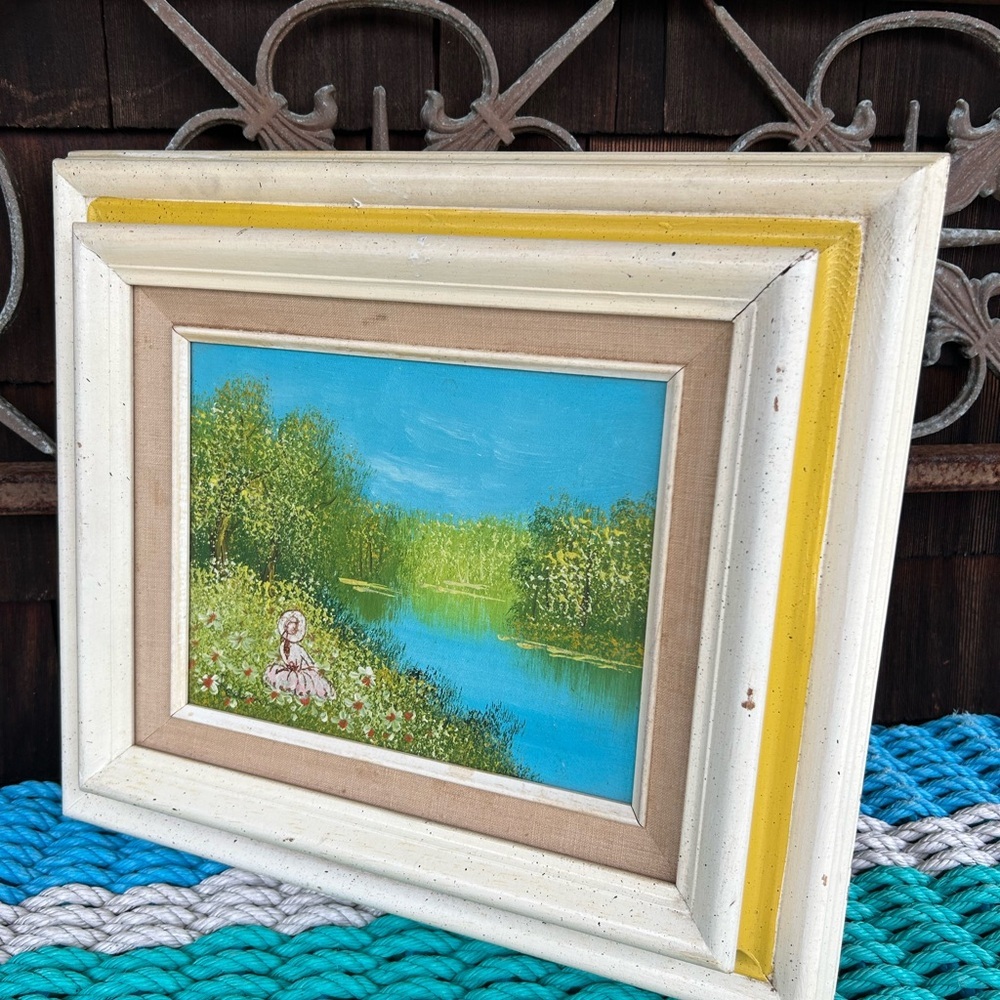 Vintage Landscape Impressionist Oil Painting of a Lady by a Lake. - Picture 8 of 11